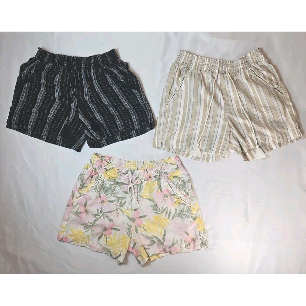 Lot 3 Briggs Linen Shorts Womens M Medium 8 Striped Floral Beach Tassels Lace